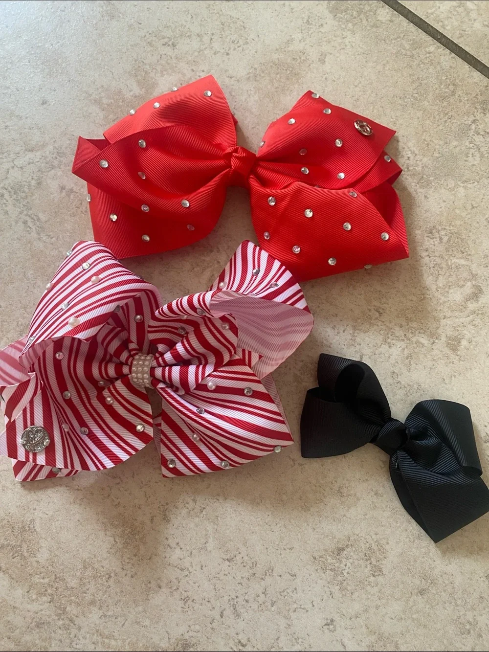Bundle of 3 Red, Black & Red White Strip Girls Hairbows 2 Large 1 Medium